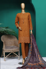 HZ Stitched 3 Piece Chikankari Khaddar With Shawl Suit-KSE-101-Rust