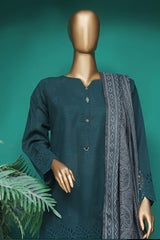 HZ Stitched 3 Piece Chikankari Khaddar With Shawl Suit-KSE-102-D.Green