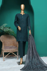 HZ Stitched 3 Piece Chikankari Khaddar With Shawl Suit-KSE-102-D.Green