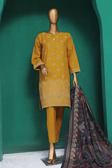 HZ Stitched 3 Piece Chikankari Khaddar With Shawl Suit-KSE-103-Mustard