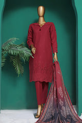 HZ Stitched 3 Piece Chikankari Khaddar With Shawl Suit-KSE-104-Maroon