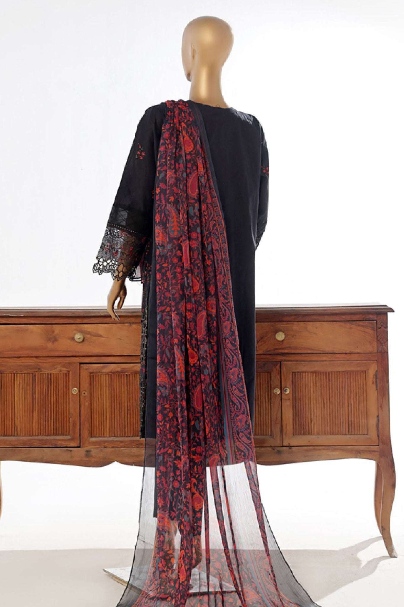 Bin Saeed Stitched 3 Piece Luxury Plain Cotton Collection-LF-012-A-Black