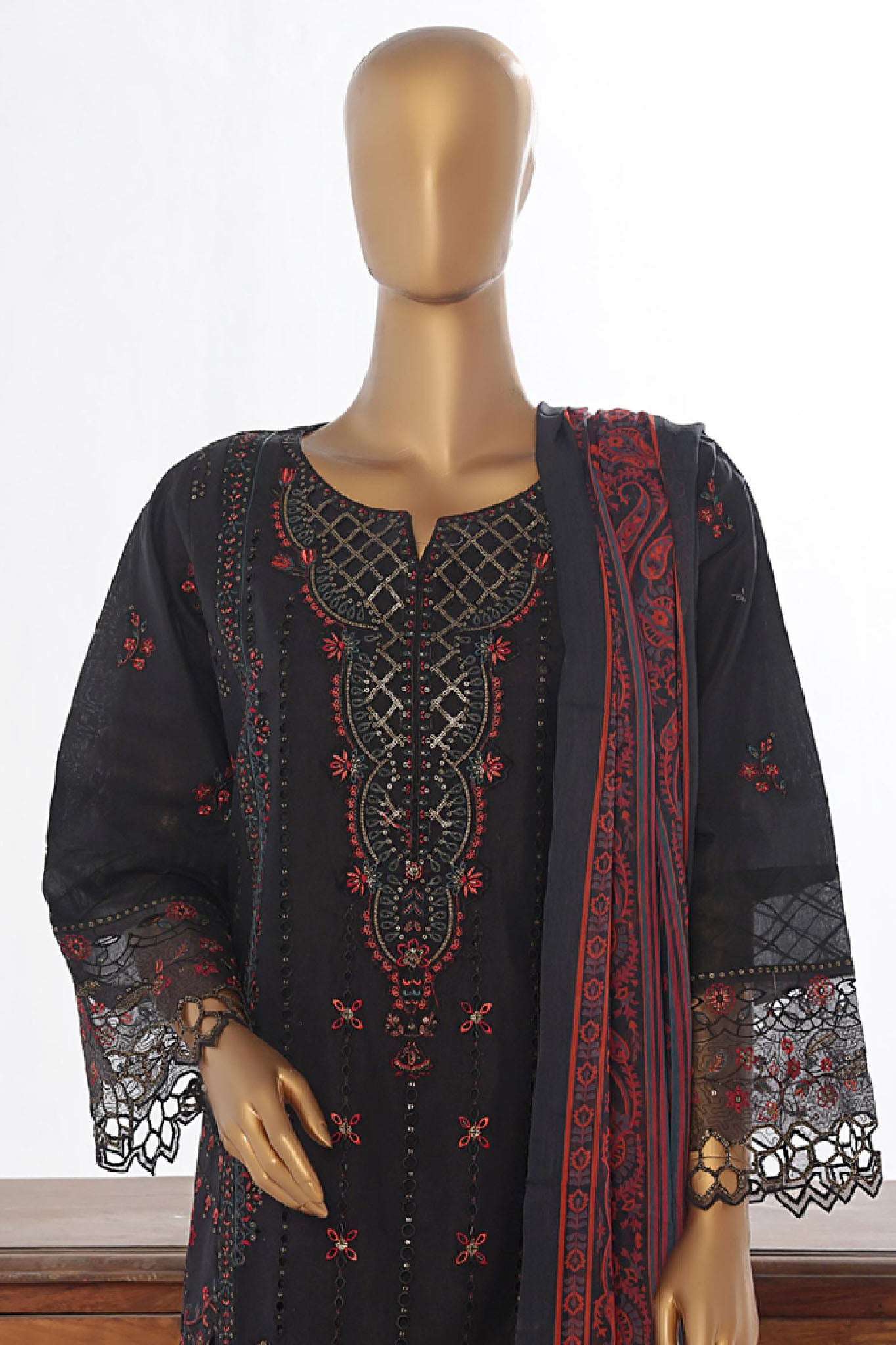Bin Saeed Stitched 3 Piece Luxury Plain Cotton Collection-LF-012-A-Black