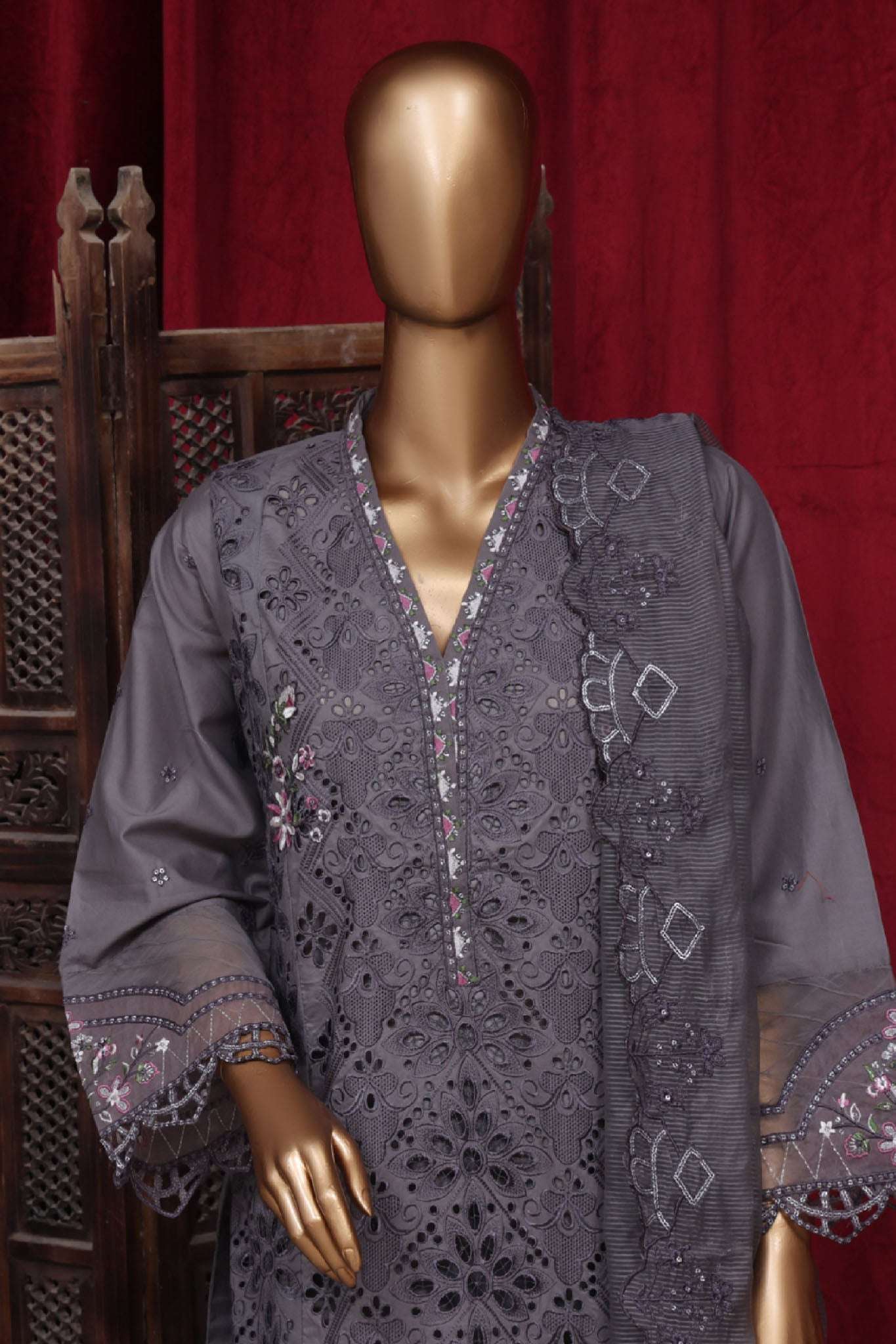 Bin Saeed Stitched 3 Piece Luxury Plain Cotton Vol-01 Collection-LF-037-Grey
