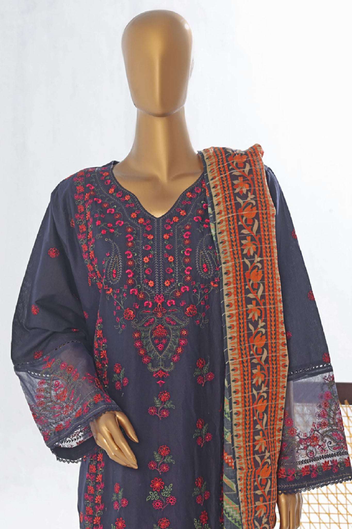 Bin Saeed Stitched 3 Piece Luxury Plain Cotton Collection-LF-046-A-Navy Blue
