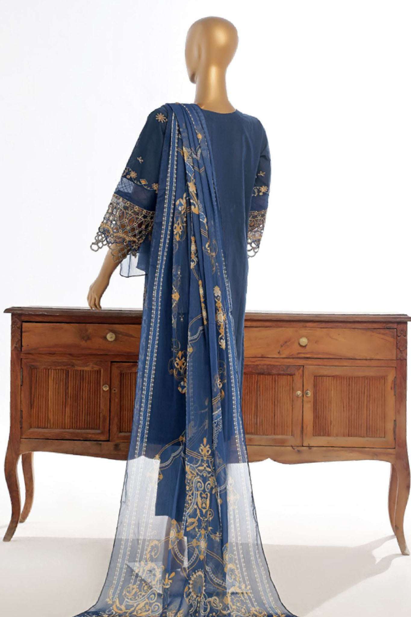 Bin Saeed Stitched 3 Piece Luxury Plain Cotton Collection-LF-046-B-Navy Blue