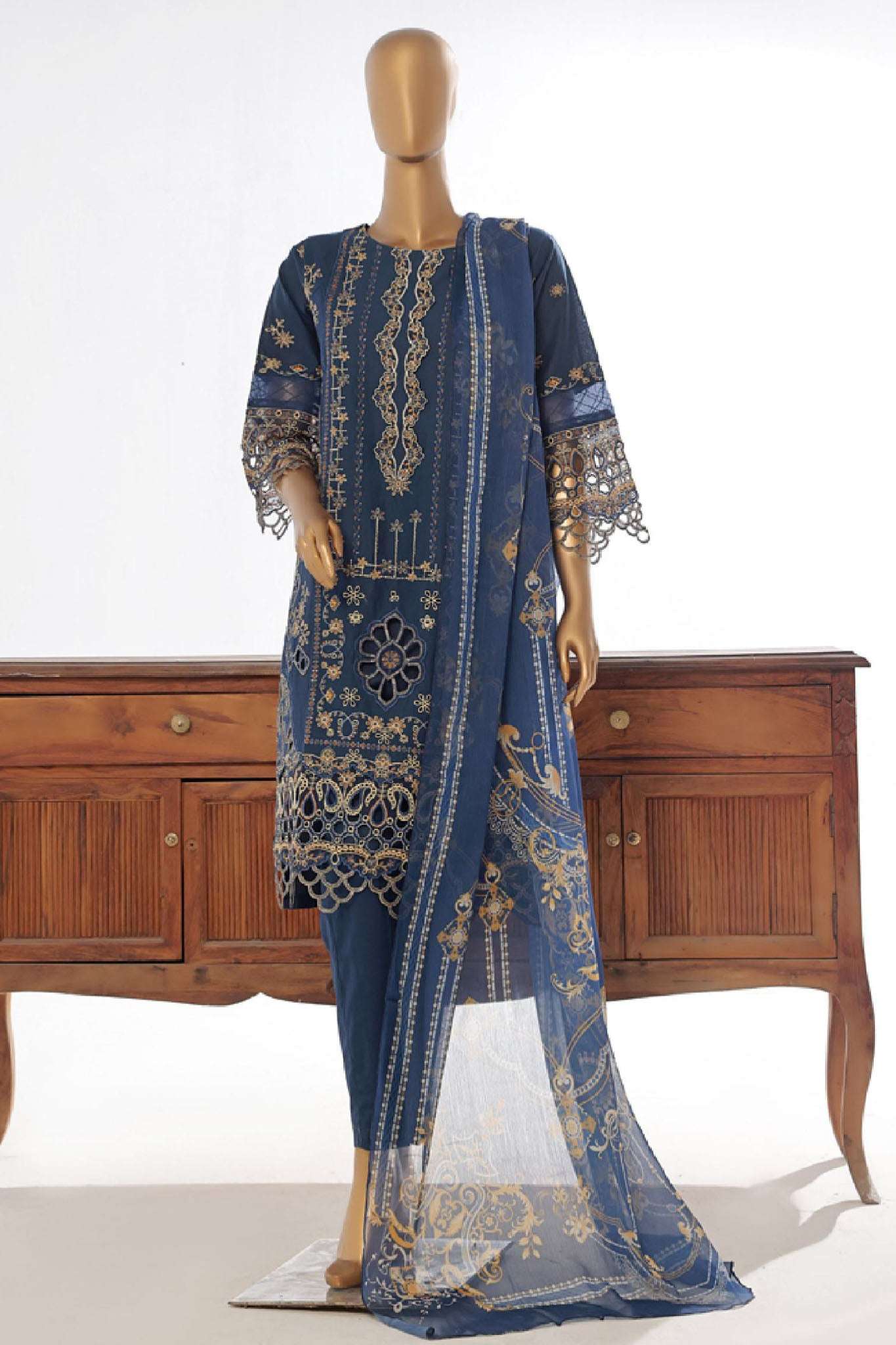 Bin Saeed Stitched 3 Piece Luxury Plain Cotton Collection-LF-046-B-Navy Blue