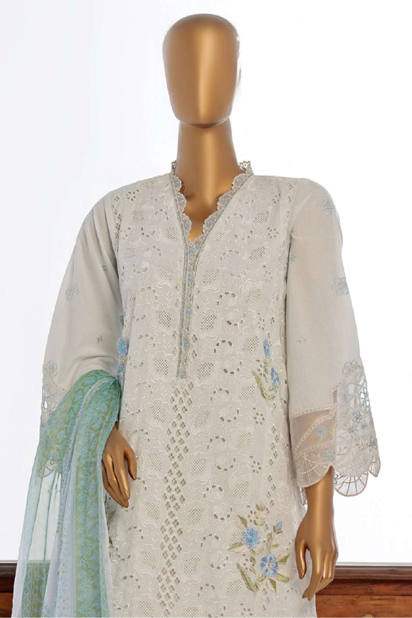 Bin Saeed Stitched 3 Piece Luxury Plain Cotton Collection-LF-053-B-White