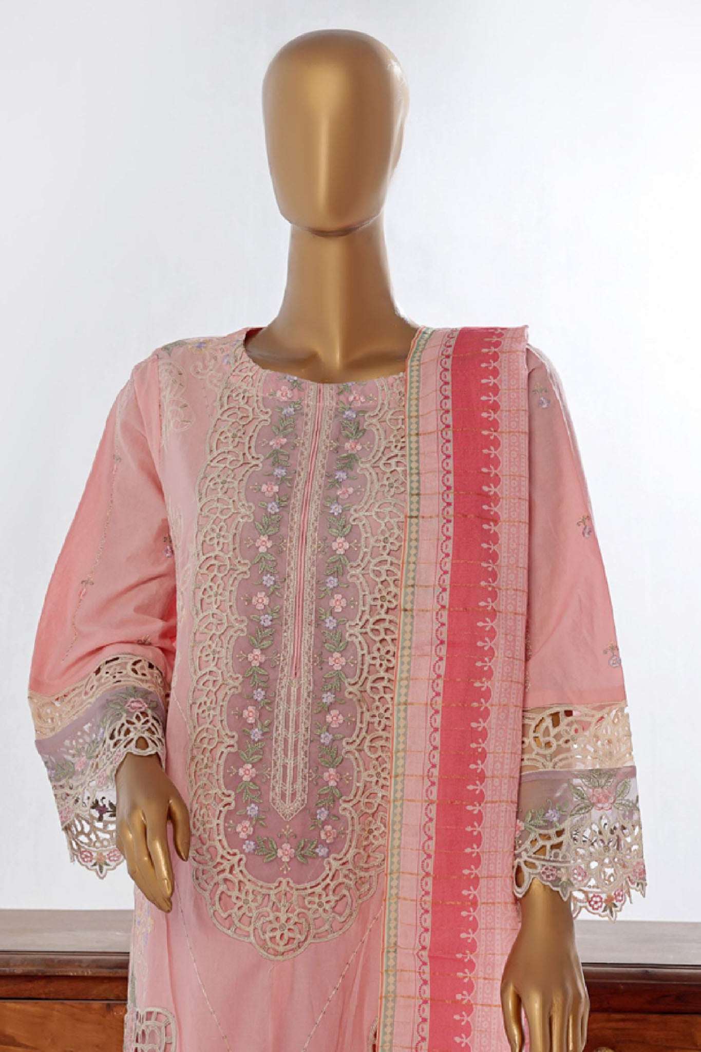 Bin Saeed Stitched 3 Piece Luxury Plain Cotton Collection-LF-132-C-Pink