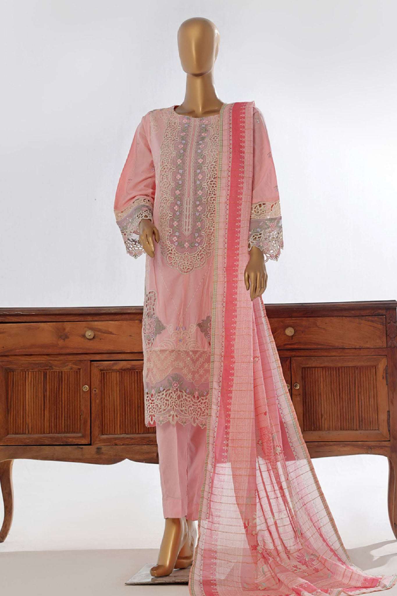 Bin Saeed Stitched 3 Piece Luxury Plain Cotton Collection-LF-132-C-Pink