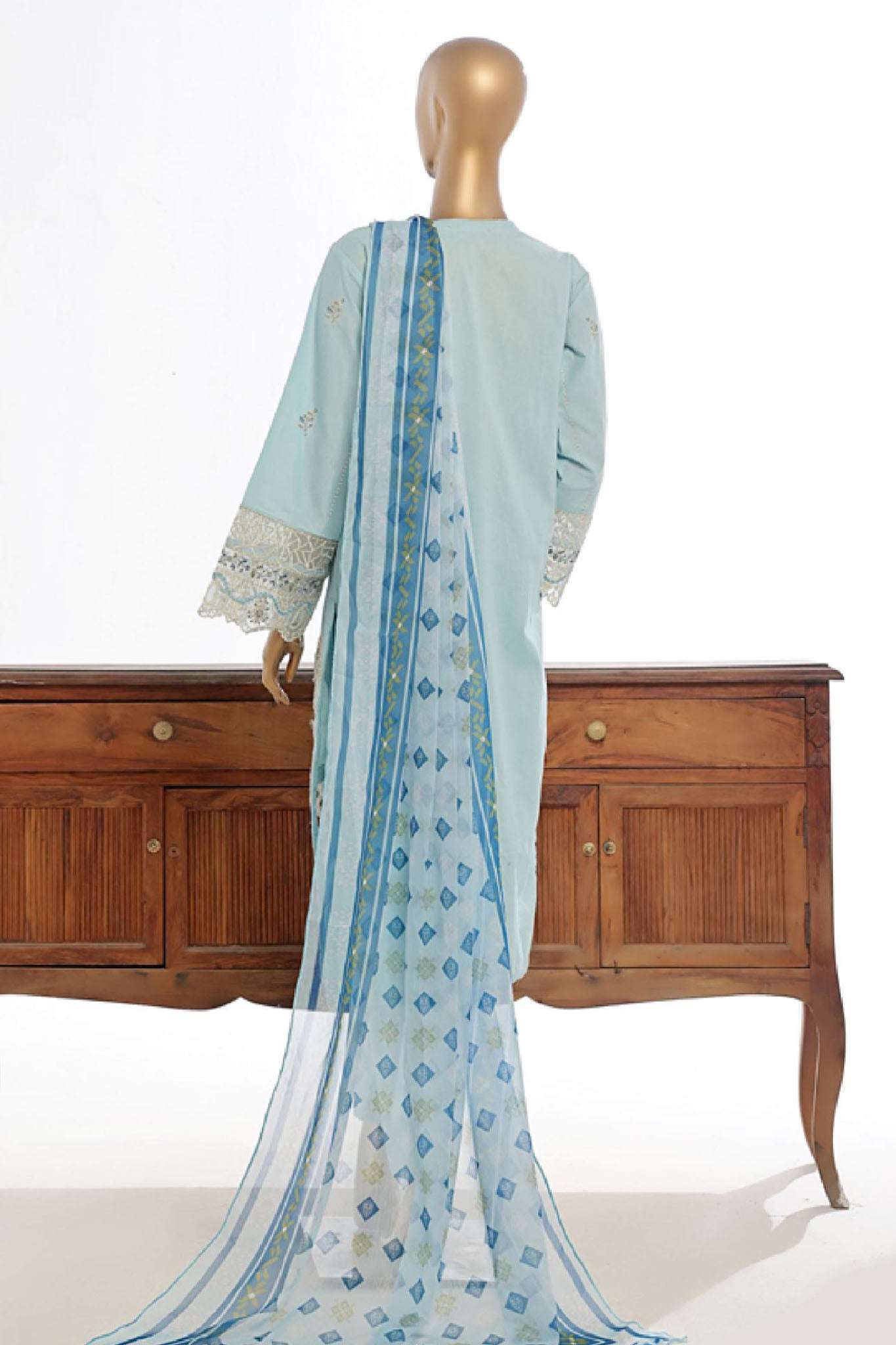 Bin Saeed Stitched 3 Piece Luxury Plain Cotton Collection-LF-142-C-Sky Blue