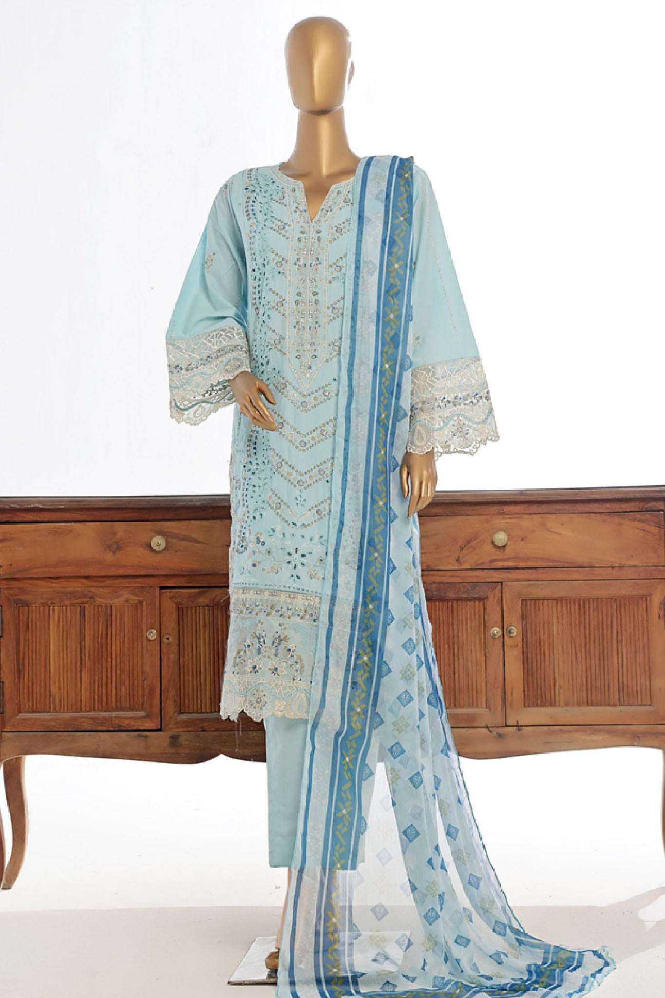 Bin Saeed Stitched 3 Piece Luxury Plain Cotton Collection-LF-142-C-Sky Blue