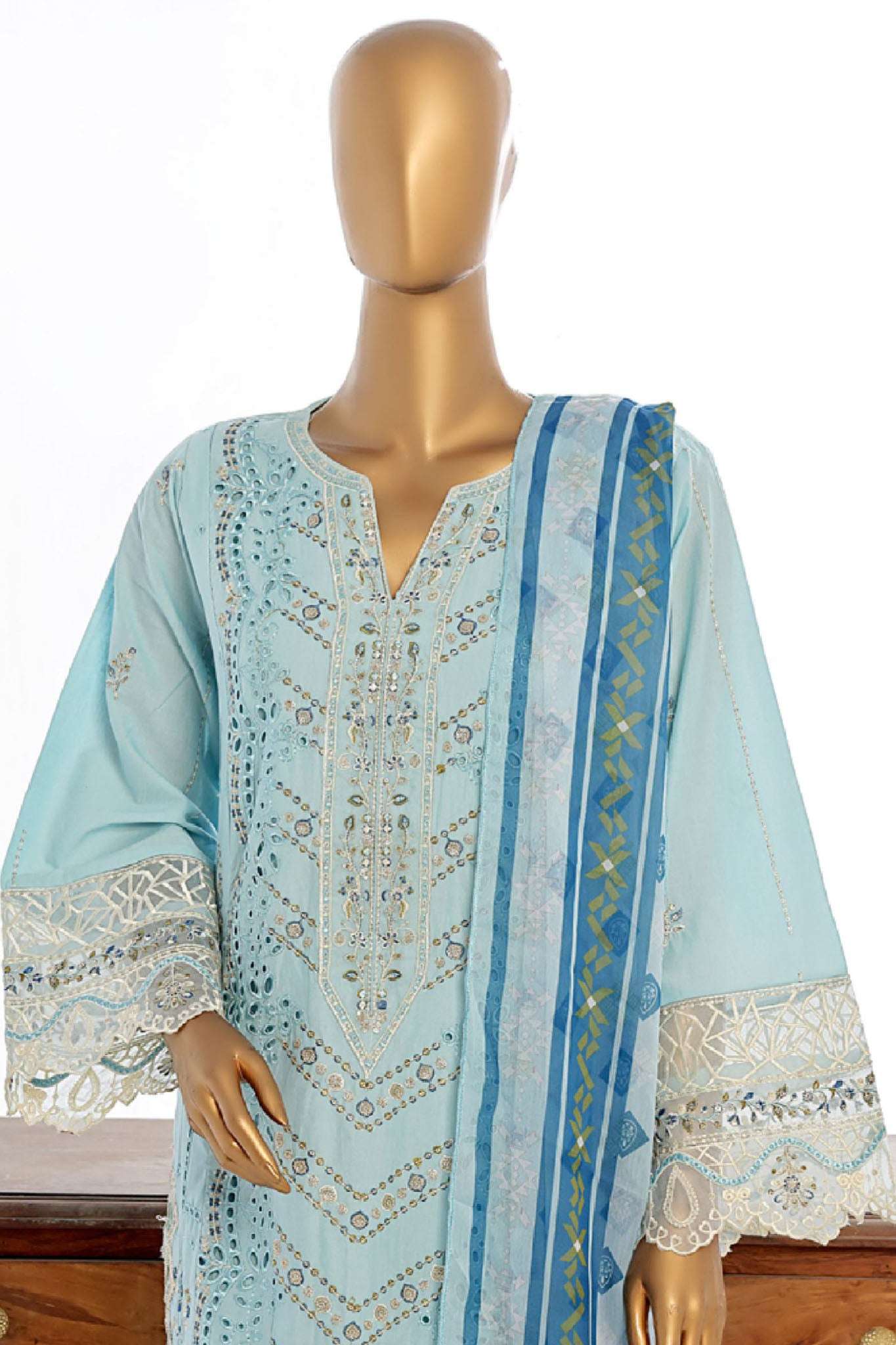 Bin Saeed Stitched 3 Piece Luxury Plain Cotton Collection-LF-142-C-Sky Blue