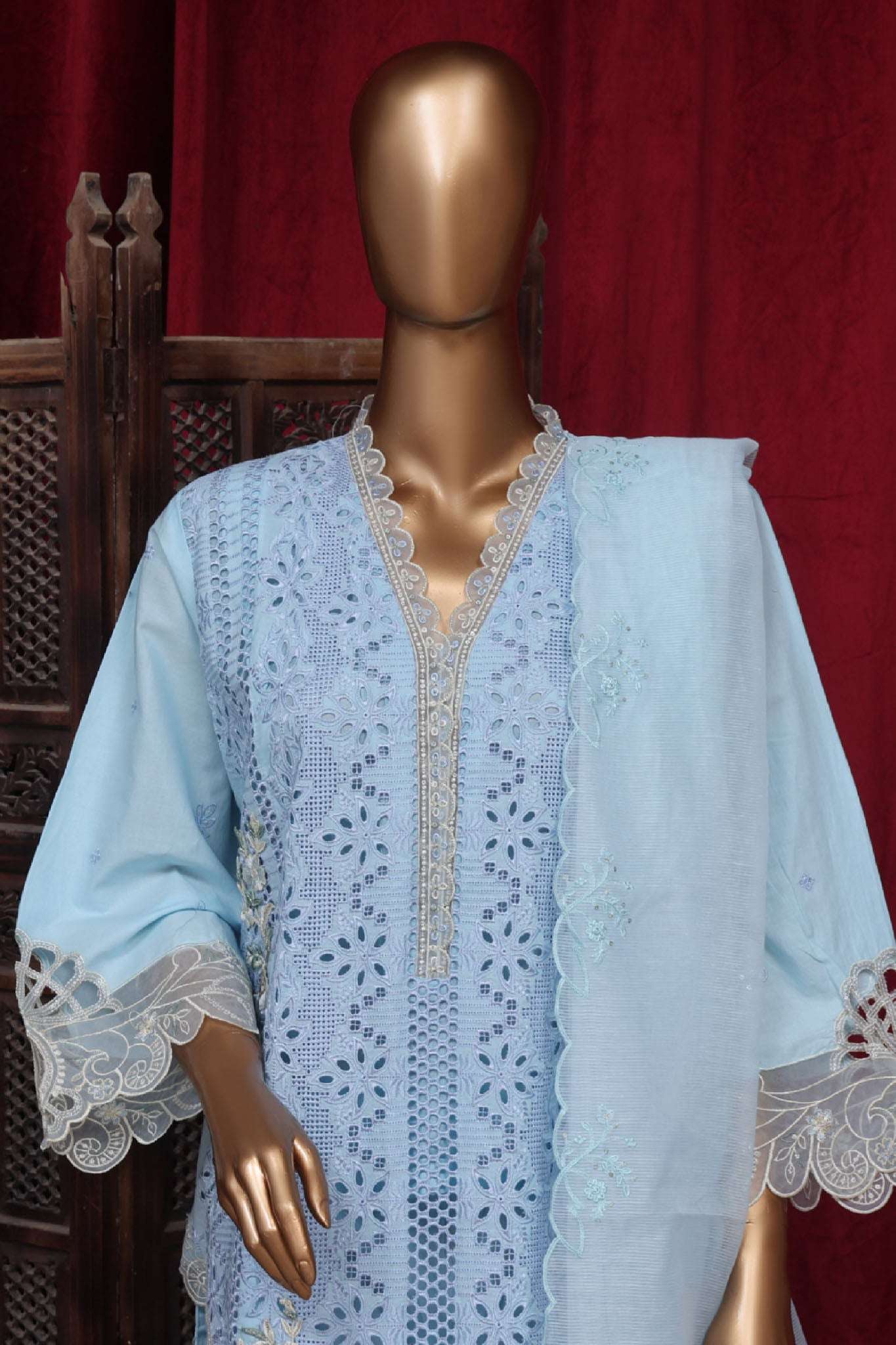 Bin Saeed Stitched 3 Piece Luxury Plain Cotton Vol-01 Collection-LF-150-B-Sky