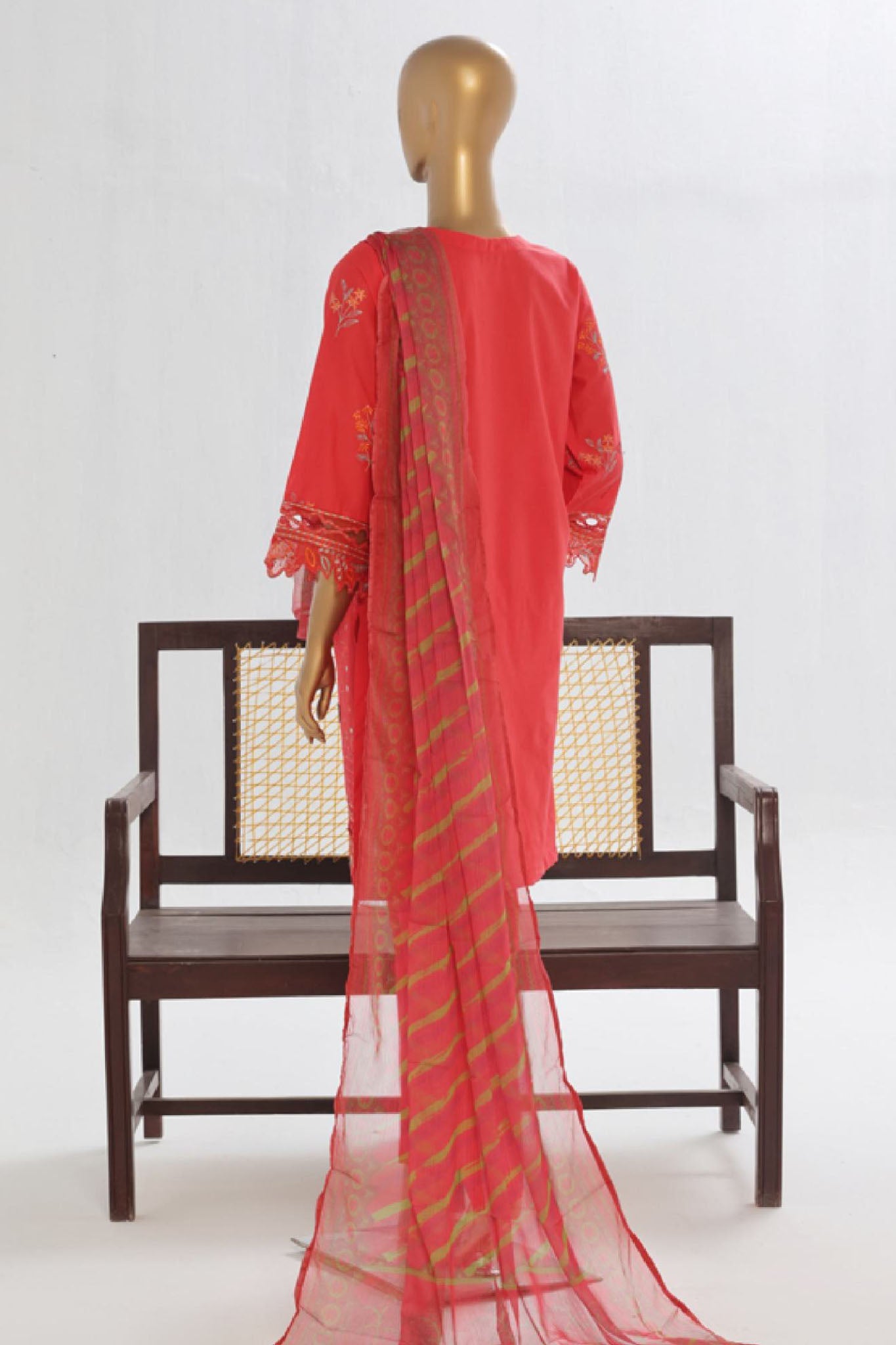 Bin Saeed Stitched 3 Piece Luxury Plain Cotton Vol-02 Collection-LF-1603-Red