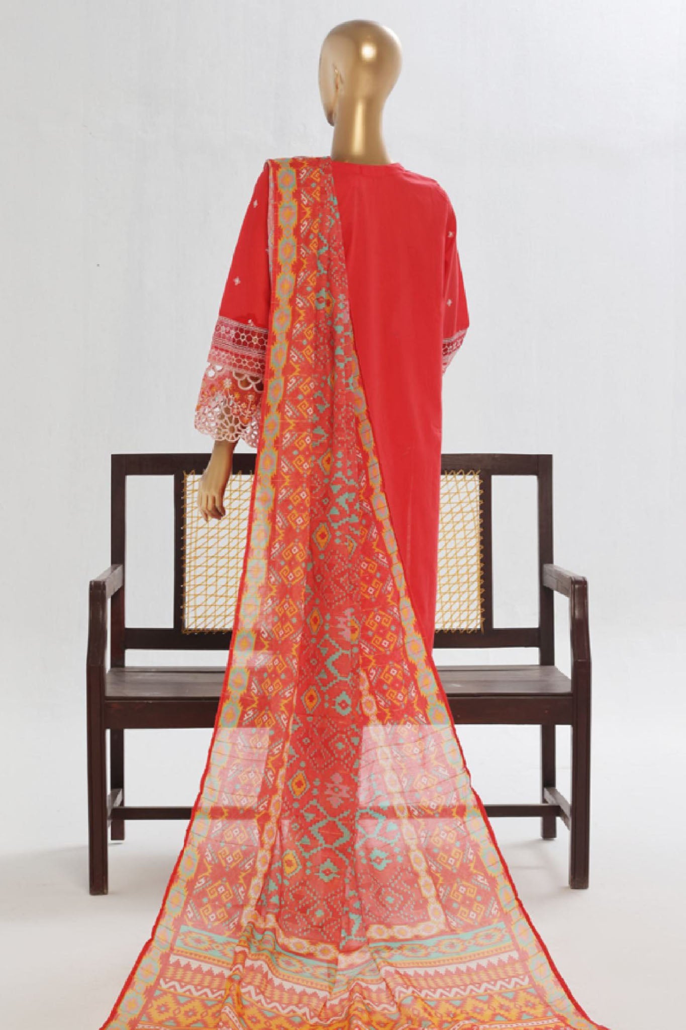 Bin Saeed Stitched 3 Piece Luxury Plain Cotton Vol-02 Collection-LF-1604-Red