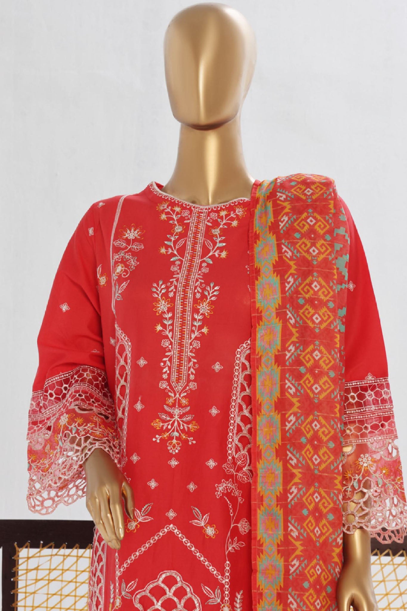 Bin Saeed Stitched 3 Piece Luxury Plain Cotton Vol-02 Collection-LF-1604-Red