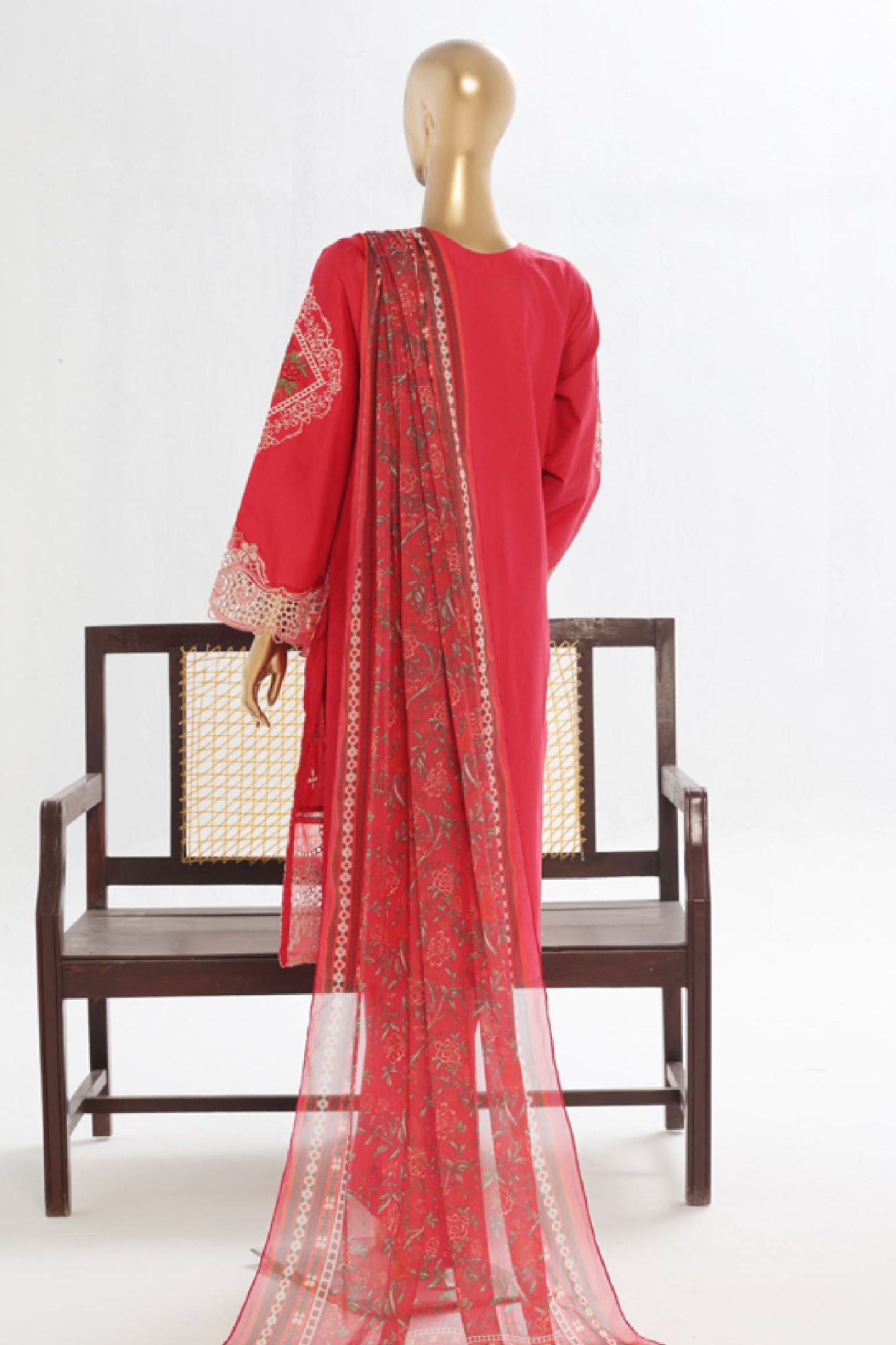 Bin Saeed Stitched 3 Piece Luxury Plain Cotton Vol-02 Collection-LF-1610-Red