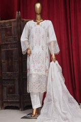 Bin Saeed Stitched 3 Piece Luxury Plain Emb Cotton Vol-03 Collection-LF-1813-White