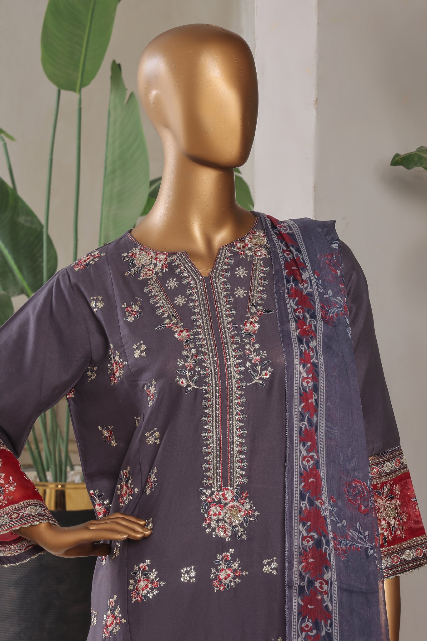 Bin Saeed Stitched 3 Piece Plain Lawn Vol-01 Collection'2025-LF-2273-Grey