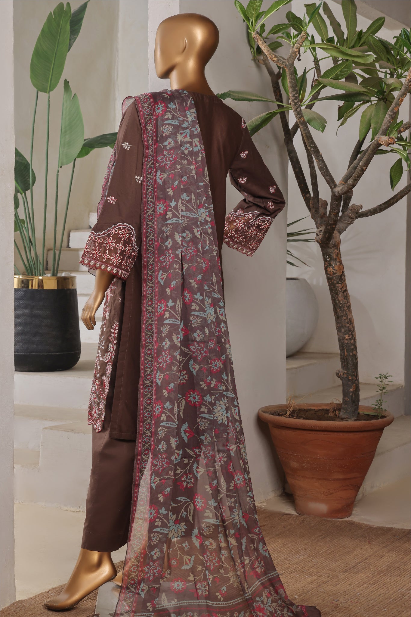 Bin Saeed Stitched 3 Piece Plain Lawn Vol-01 Collection'2025-LF-2279-A Brown