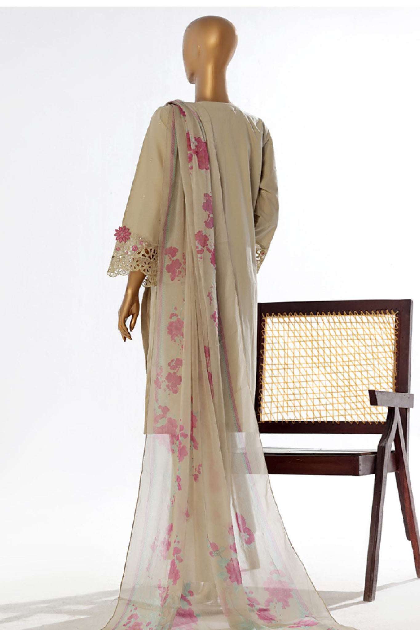 Bin Saeed Stitched 3 Piece Luxury Plain Cotton Collection-LF-27-B-Off White