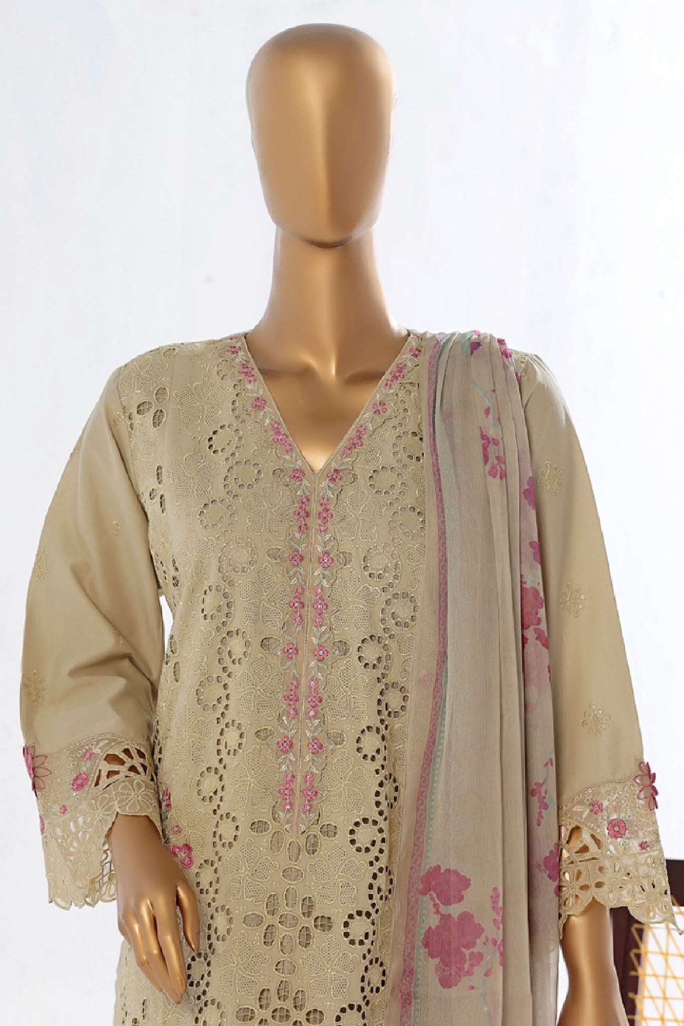 Bin Saeed Stitched 3 Piece Luxury Plain Cotton Collection-LF-27-B-Off White