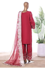 Bin Saeed Stitched 3 Piece Luxury Emb Lawn With Contrass Emb Shalwar & Bellbottom Suit-LF-3197-MAROON