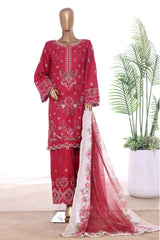 Bin Saeed Stitched 3 Piece Luxury Emb Lawn With Contrass Emb Shalwar & Bellbottom Suit-LF-3197-MAROON