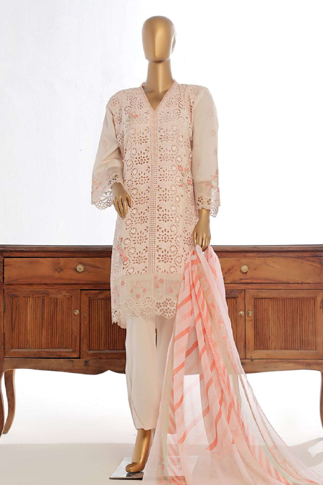 Bin Saeed Stitched 3 Piece Luxury Plain Cotton Collection-LF-85-B-Peach