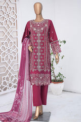 Bin Saeed Stitched 3 Piece Luxury Emb Cotton Suit-LF-954-Maroon