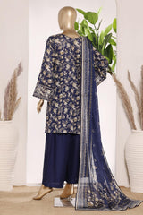 Bin Saeed Stitched 3 Piece Exc Emb Lawn Short Length With Bell Bottom-LSM-3007-BLUE
