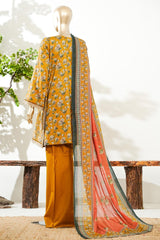 Bin Saeed Stitched 3 Piece Exclusive Lawn with Bellbottom Trouser Vol-02 Suit-LSM-3079-MUSTARD