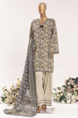 Bin Saeed Stitched 3 Piece Printed Lawn With Farshi Shalwar Vol-03 Suit-LSM-3334-BROWN