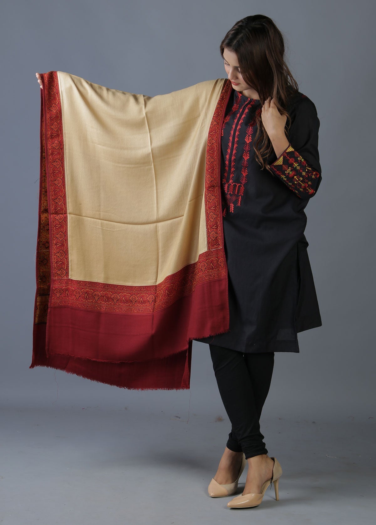 Mominas Jacquard Patchwork Stole or Muffler - Badami & Maroon Border
