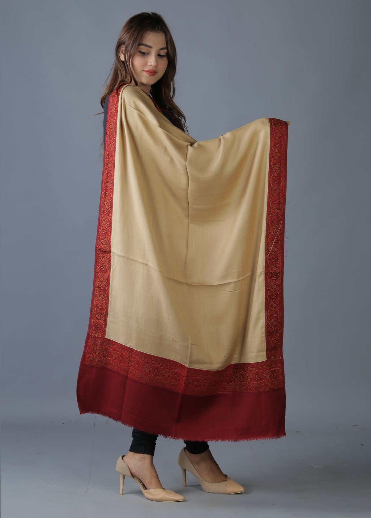 Mominas Jacquard Patchwork Stole or Muffler - Badami & Maroon Border