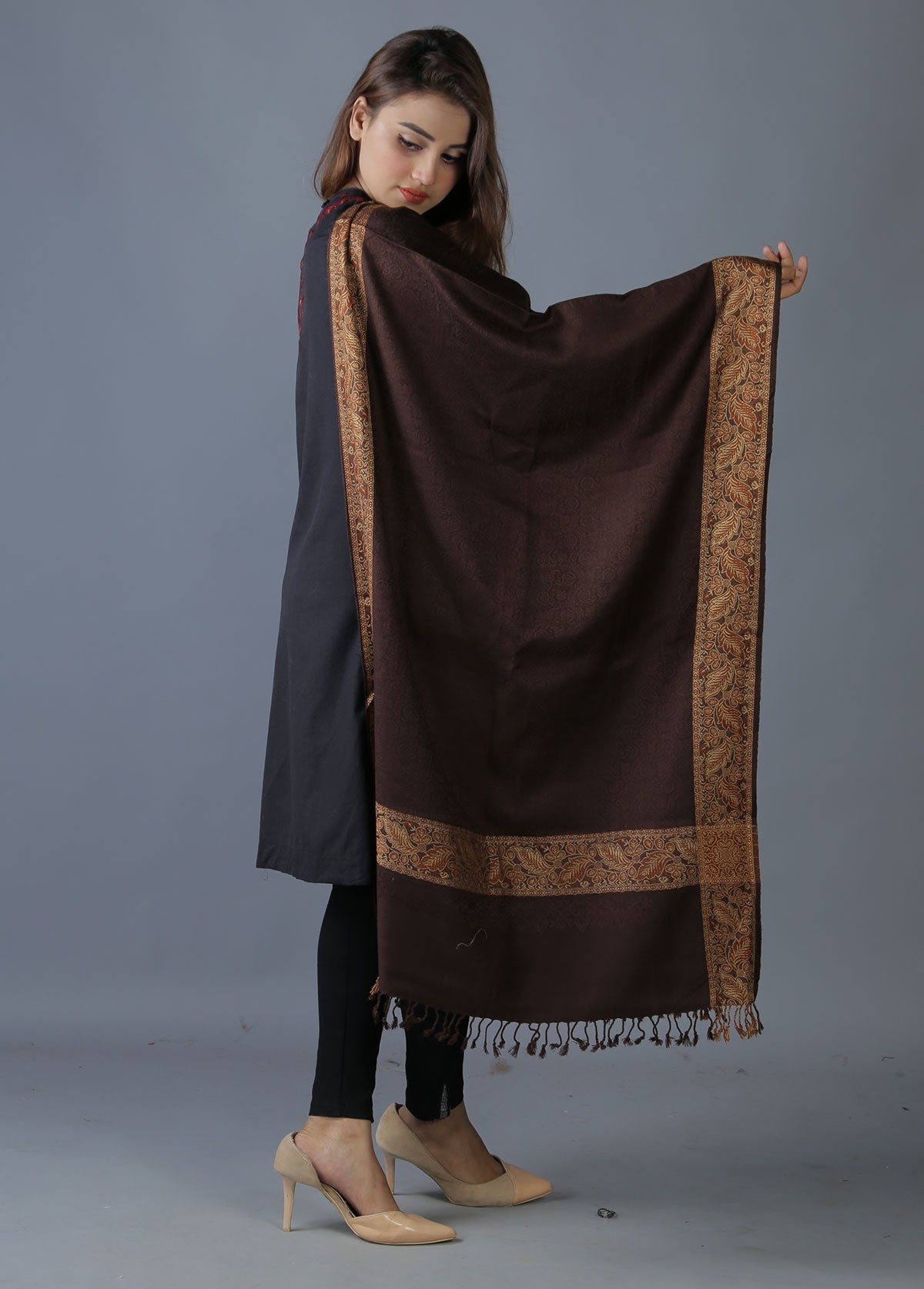 Mominas Kashmiri Heera Stole - Chocolate Brown