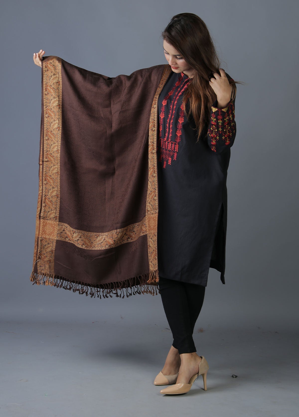 Mominas Kashmiri Heera Stole - Chocolate Brown