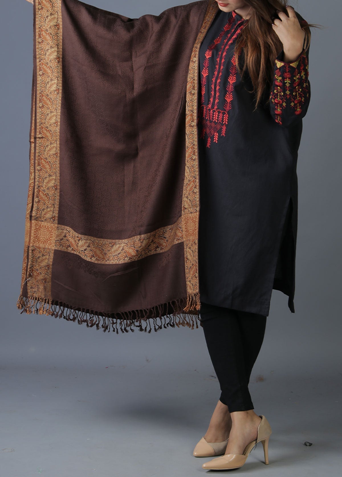 Mominas Kashmiri Heera Stole - Chocolate Brown