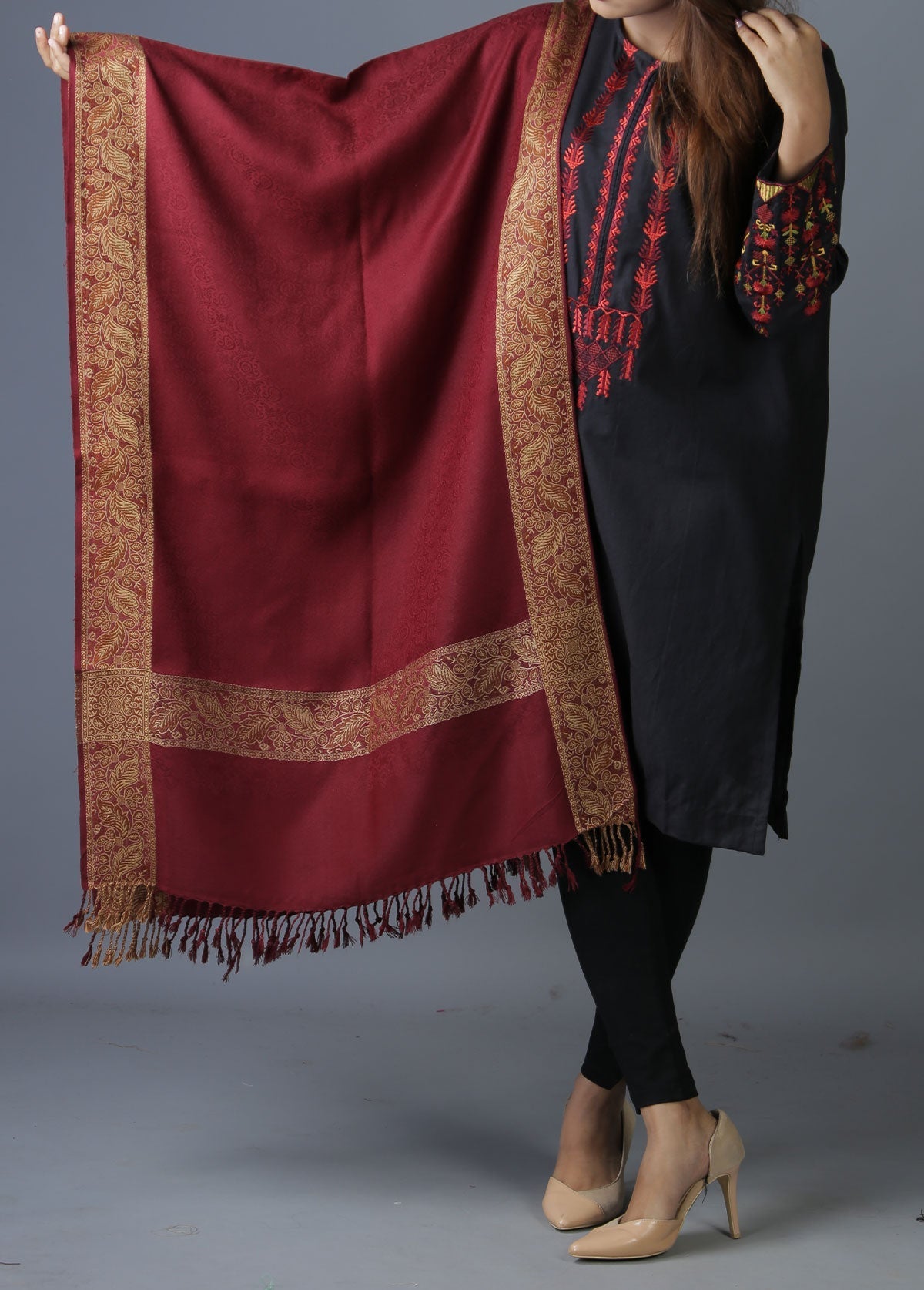 Mominas Kashmiri Heera Stole - Maroon
