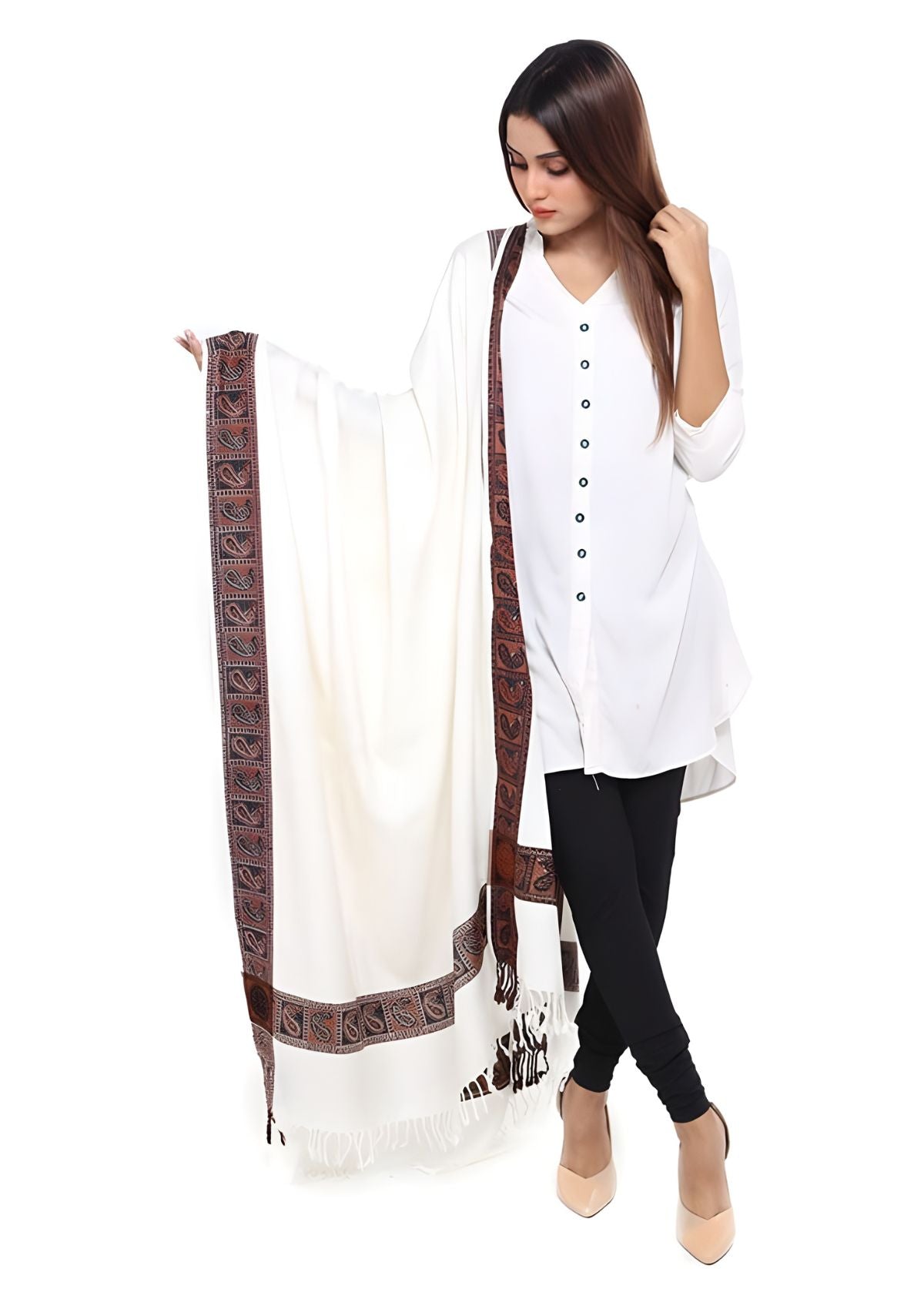 Mominas Kashmiri Heera Shawl and Stoler - White - Mominas