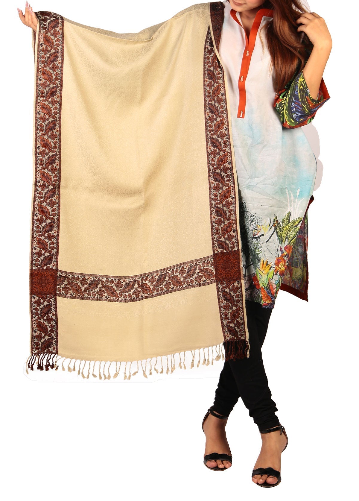 Mominas Kashmiri Heera Stole or Muffler - Beige Pista
