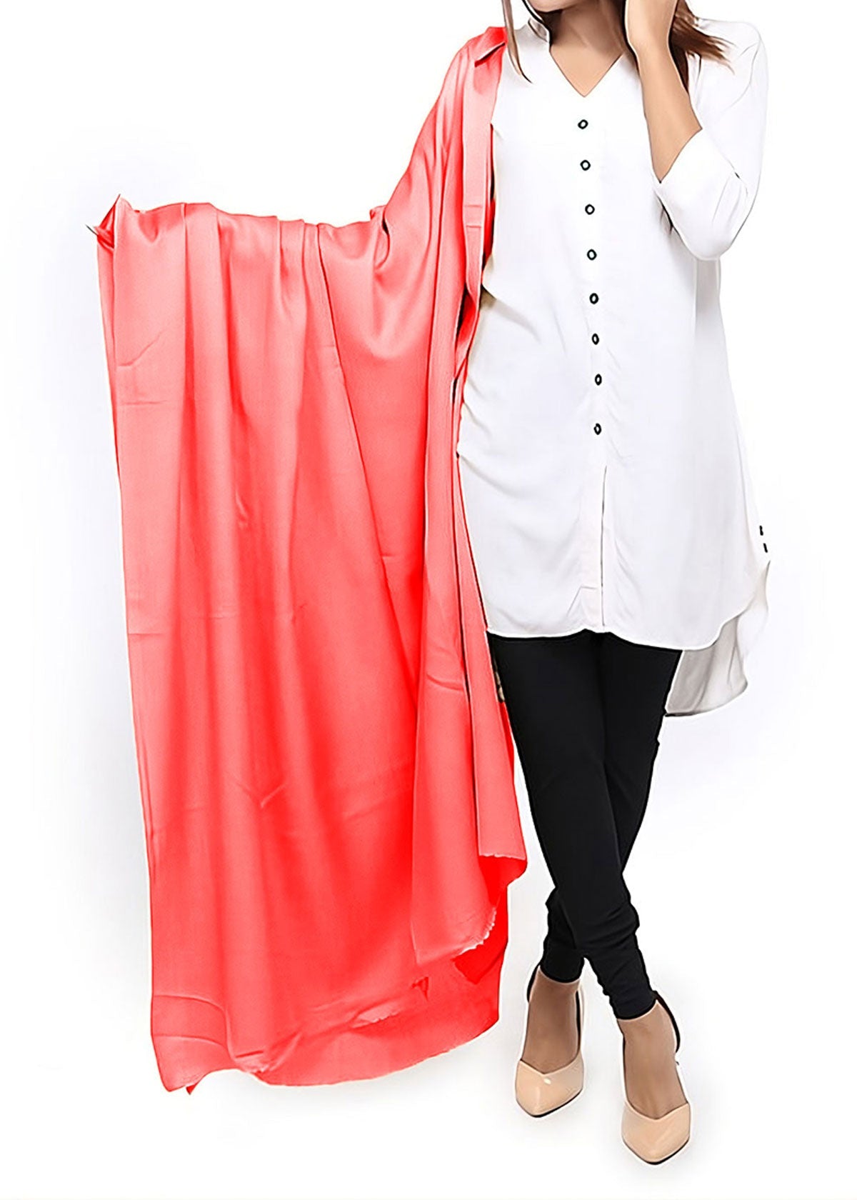 Mominas Plain Pashmina Shawl  - Coral Pink (to Peach)