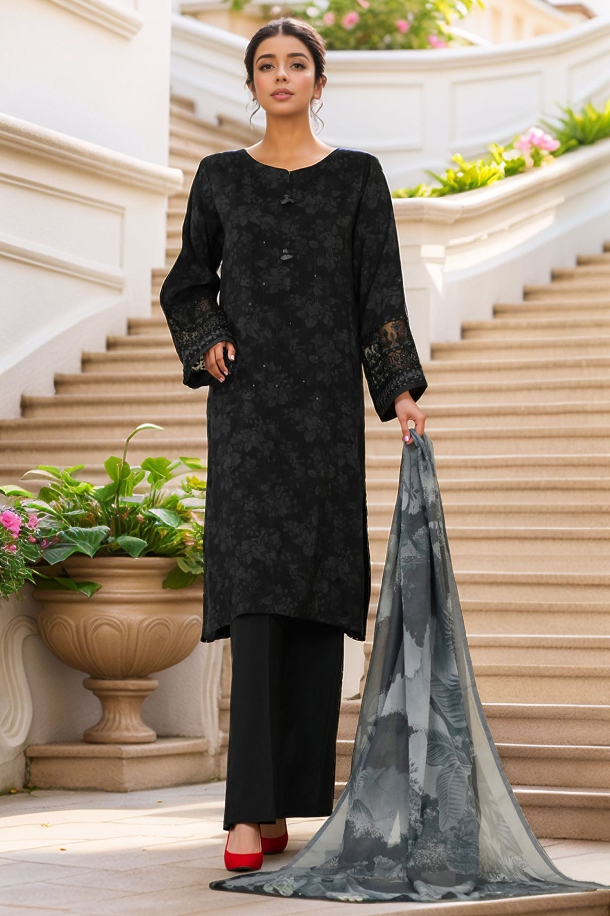 Majestic By HZ Stitched 3 Piece Emb Silk Collection'2025-RRE-113-Black
