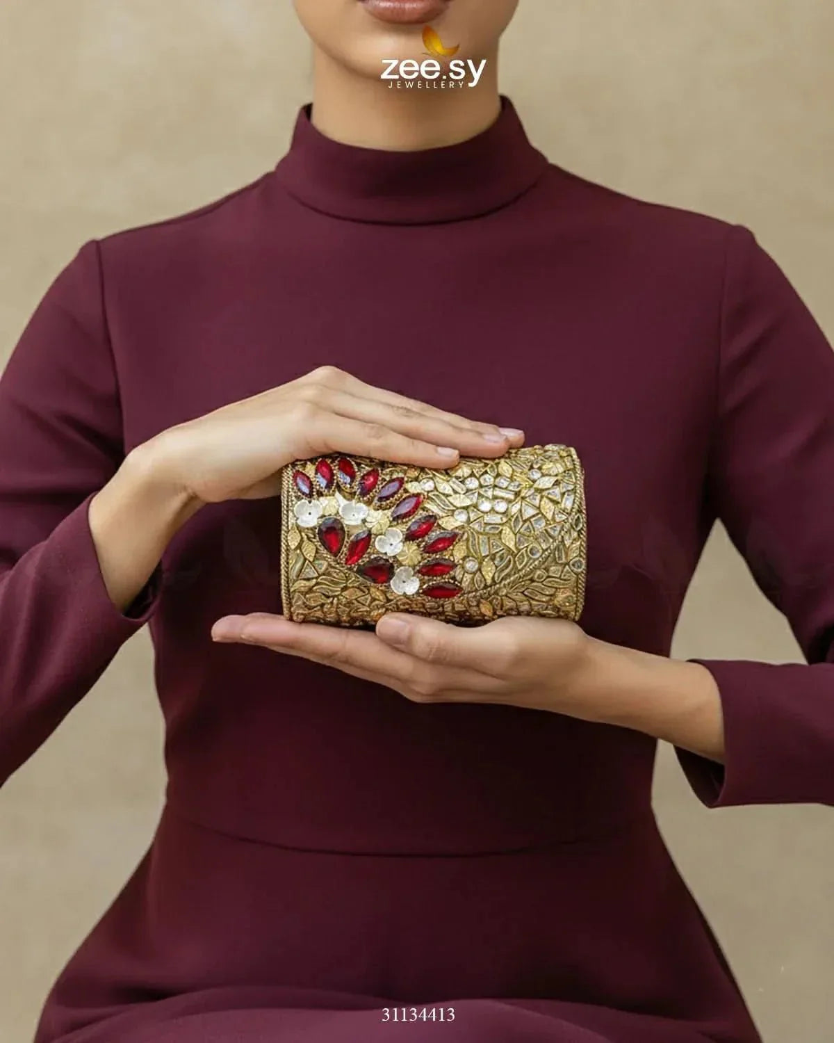 Midnight Reddish Kundan Clutch Bag