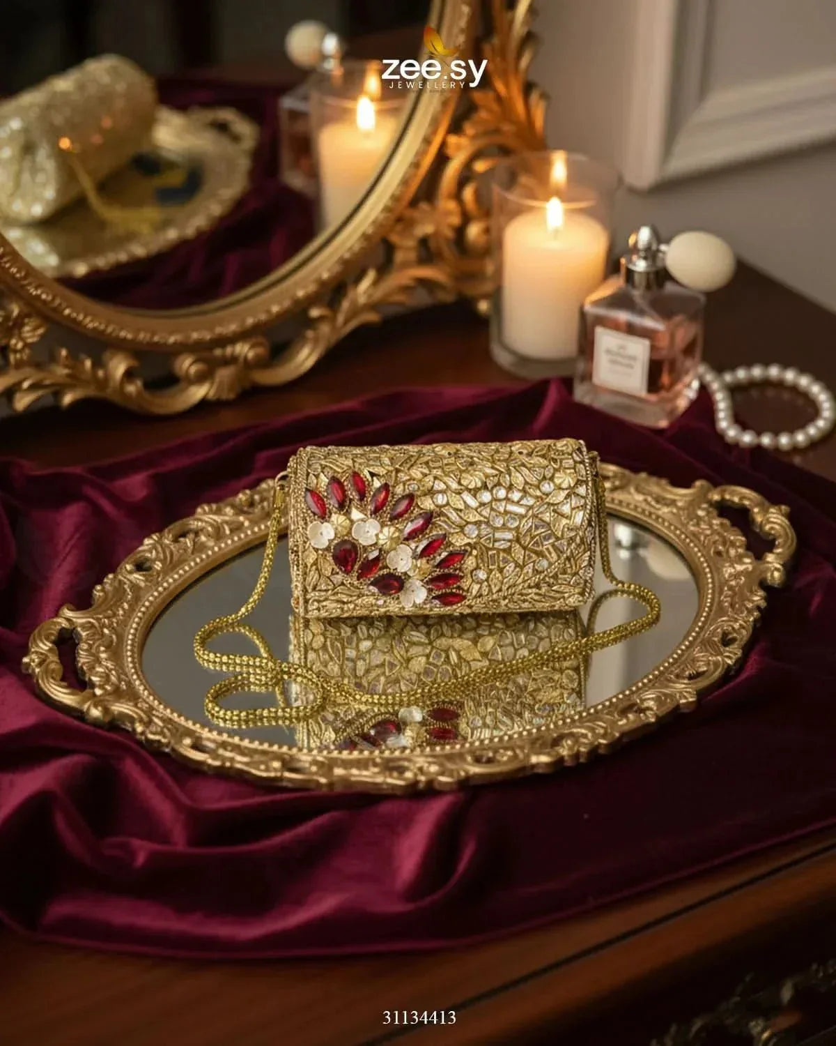 Midnight Reddish Kundan Clutch Bag