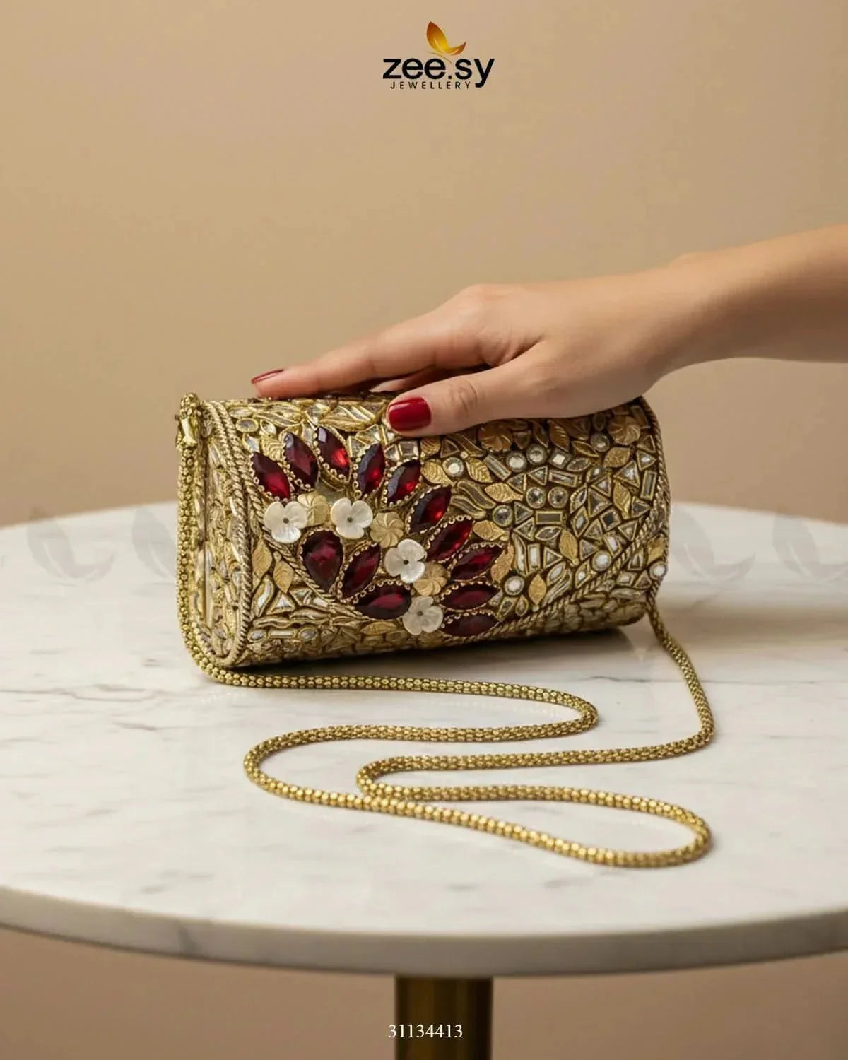Midnight Reddish Kundan Clutch Bag