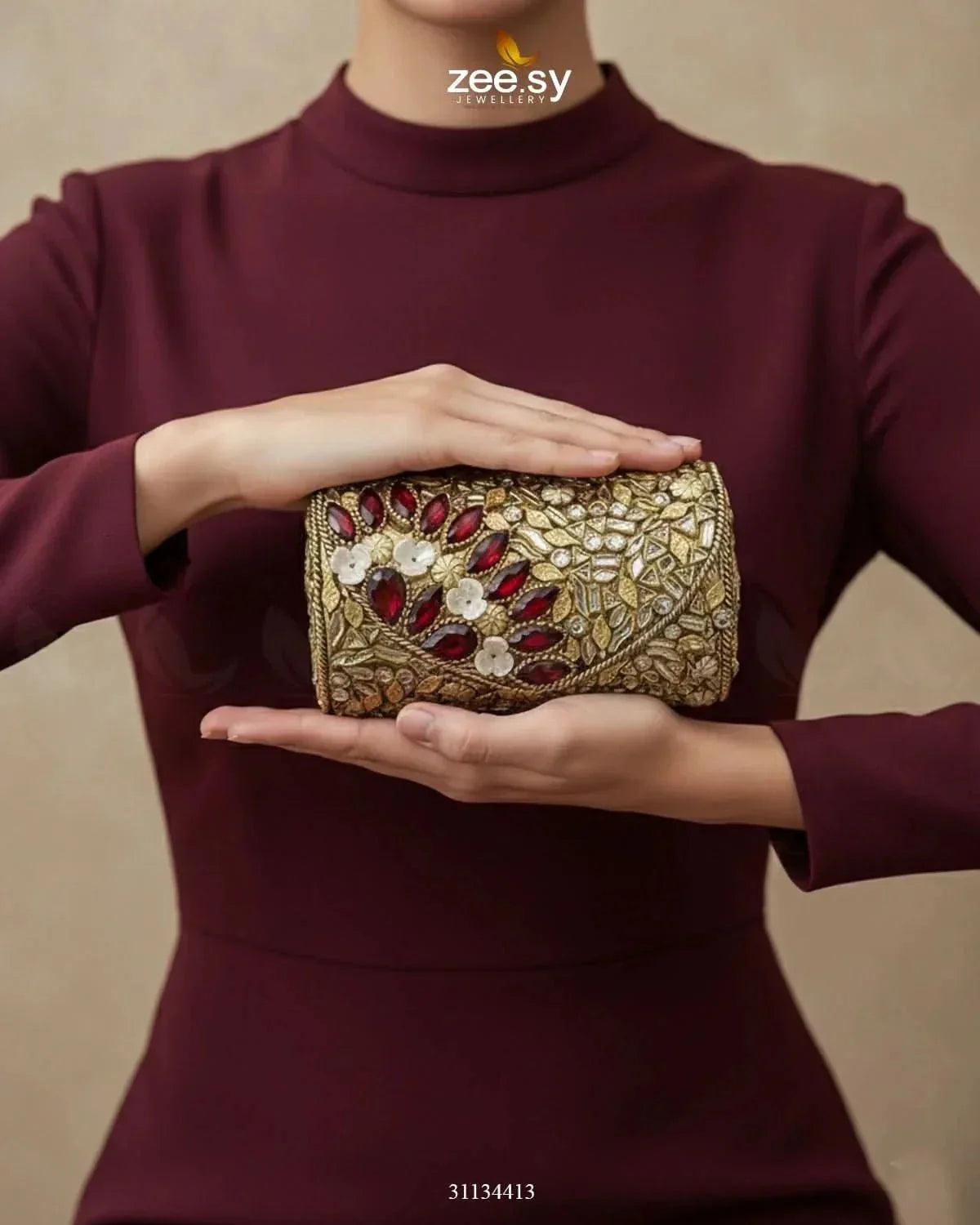 Midnight Reddish Kundan Clutch Bag