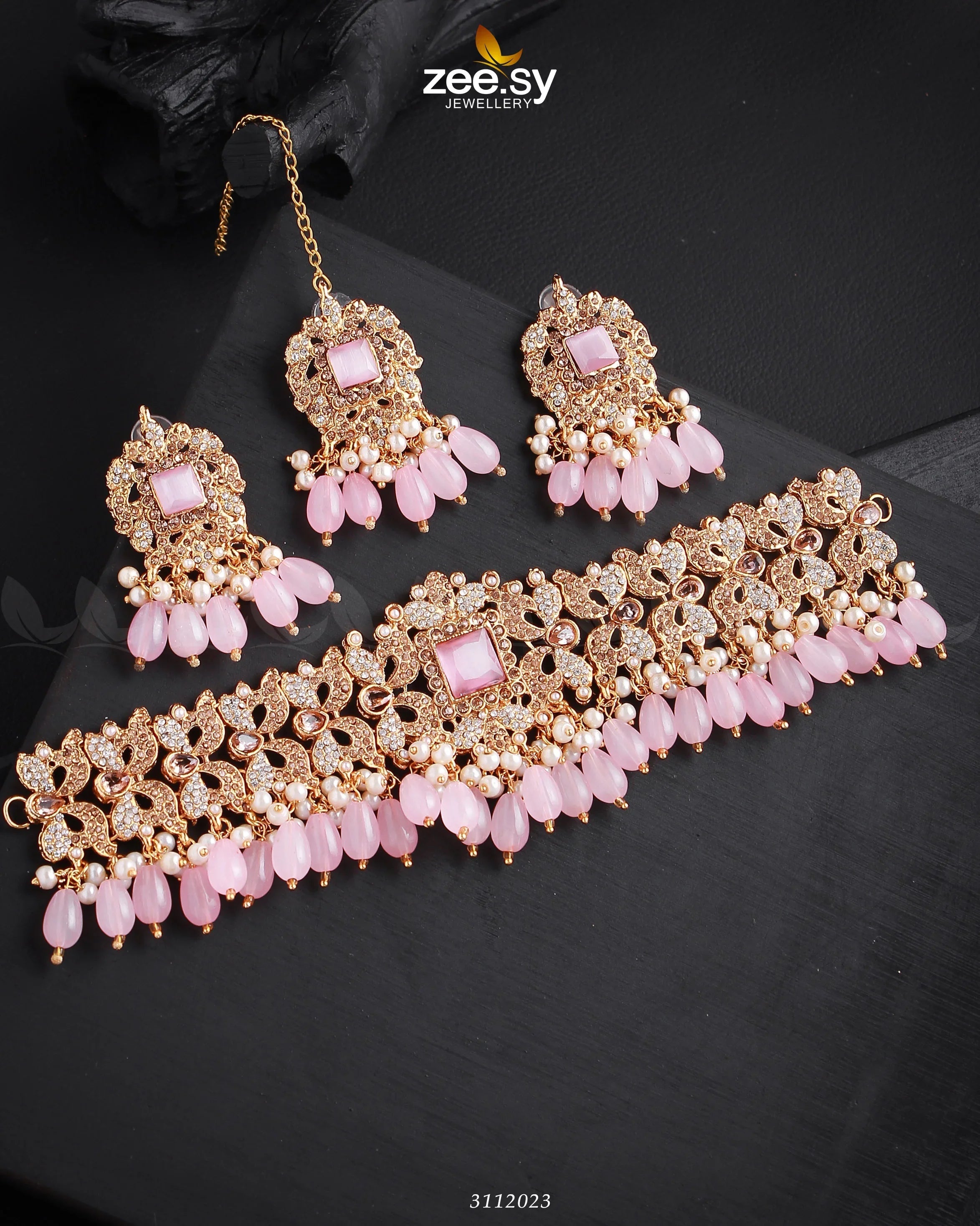 Katrina's Necklace Set Golden Mint Pink - Zeesy Jewellery
