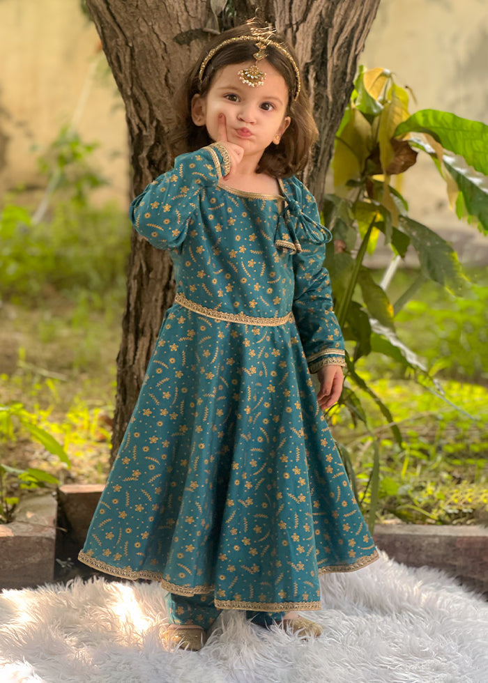 Modest Stitched 3 Piece Luxury Festive Kids Frock Collection'2025-Blue Ice